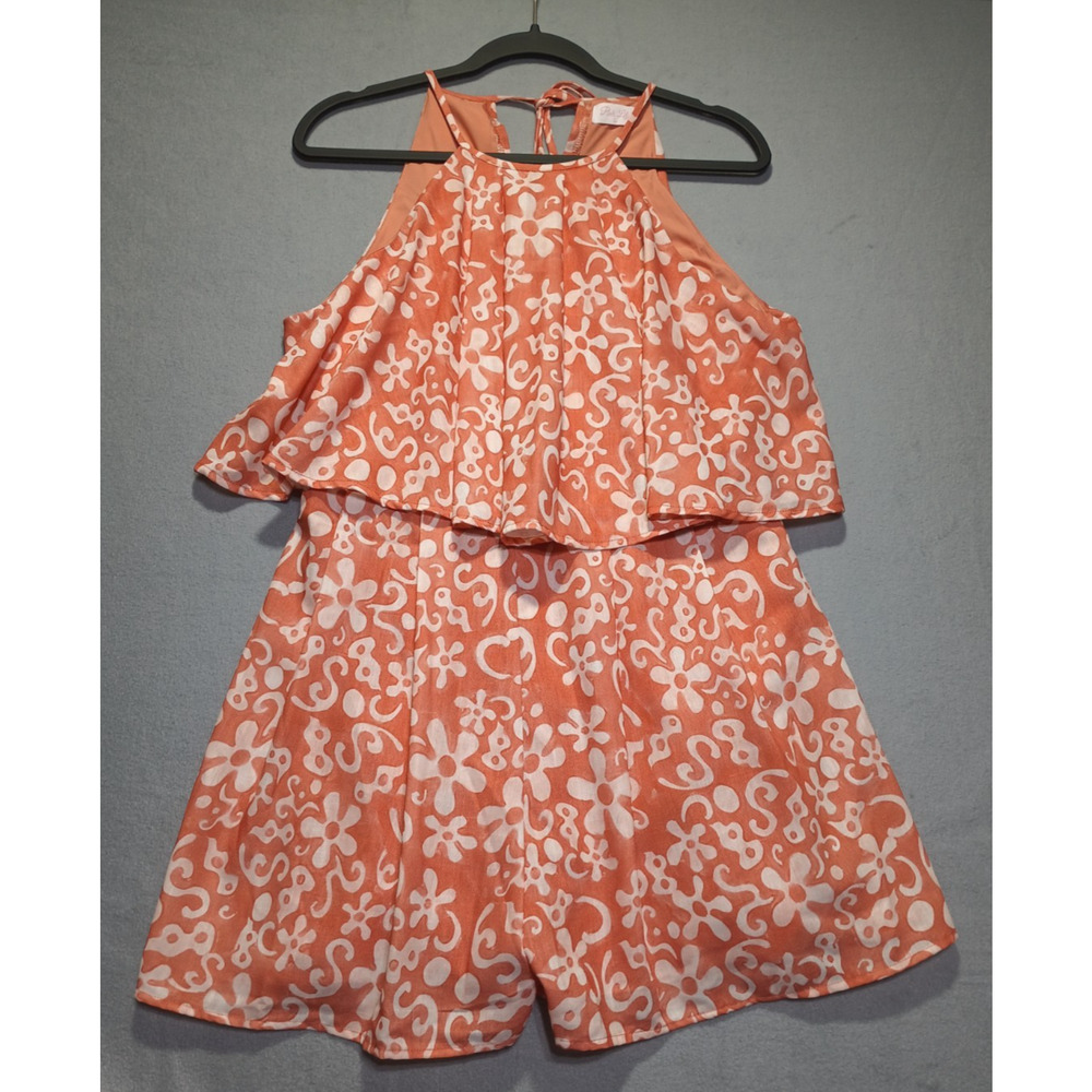 Pink Lily Womens Coral White Floral Romper Size Large Sleeveless Halter Overlay